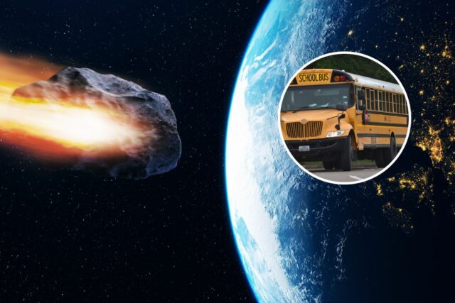 NASA rastreando asteroide do tamanho de um ônibus se aproximando Asteroid approaching Earth, with an inset picture of a school bus.