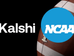 NCAA alerta Kalshi sobre linguagem que sugere papel oficial na verificação de resultados Logotipo Kalshi em texto branco sobre fundo preto ao lado de uma bola de futebol americana, parcialmente coberto por um grande círculo azul com o logotipo da NCAA. NCAA alerta Kalshi sobre linguagem que sugere papel oficial na verificação de resultados