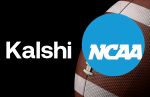 NCAA alerta Kalshi sobre linguagem que sugere papel oficial na verificação de resultados Logotipo Kalshi em texto branco sobre fundo preto ao lado de uma bola de futebol americana, parcialmente coberto por um grande círculo azul com o logotipo da NCAA. NCAA alerta Kalshi sobre linguagem que sugere papel oficial na verificação de resultados