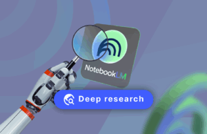 Não achei que essa ferramenta de pesquisa fosse me impressionar, mas me surpreendeu Ilustração do logotipo NotebookLM acima de um globo estilizado da Wikipedia