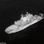 Uma fotografia infravermelha do navio espião russo Yantar, tirada após sua recente chegada às águas britânicas. Acredita-se que seja capaz de mapear cabos subaquáticos