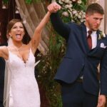 A bride and groom celebrate