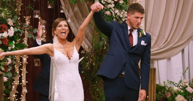 A bride and groom celebrate
