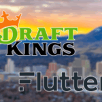 Logotipos de DraftKings e Flutter sobre uma paisagem urbana desfocada com montanhas ao pôr do sol. Nevada intensifica a repressão, retirando as licenças DraftKings e Flutter dos mercados de previsão