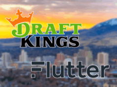Nevada intensifica a repressão, retirando as licenças DraftKings e Flutter dos mercados de previsão Logotipos de DraftKings e Flutter sobre uma paisagem urbana desfocada com montanhas ao pôr do sol. Nevada intensifica a repressão, retirando as licenças DraftKings e Flutter dos mercados de previsão