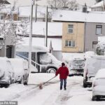 Uma pessoa passeando com seu cachorro na neve em Tow Law, County Durham, esta manhã