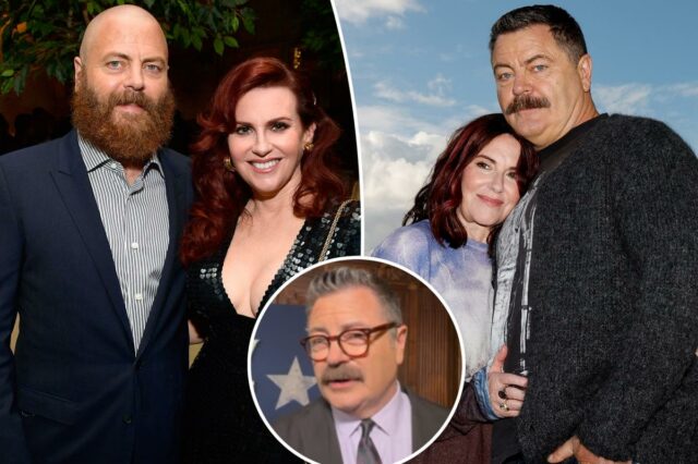 Nick Offerman não tem certeza de como conseguiu a 'linda' Nick Offerman não tem certeza de como conseguiu a 'linda' esposa Megan Mullally: 'Pareço um idiota'