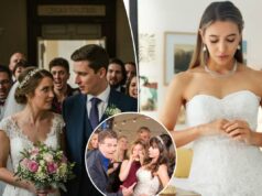 Noiva vê mulher misteriosa em fotos de seu casamento antes de fazer descoberta chocante Noivos olhando nervosos um para o outro, cercados por um grupo de pessoas com expressões de raiva.