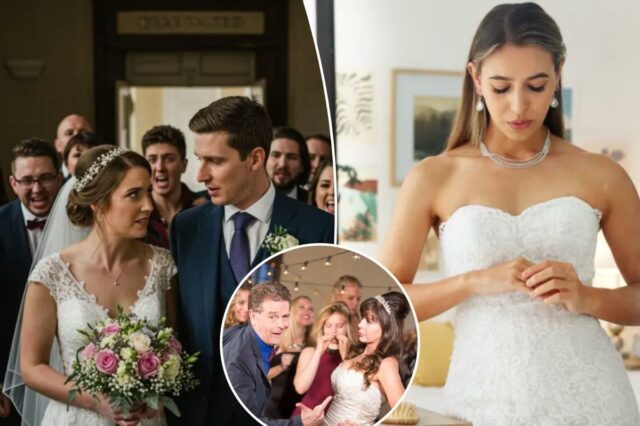 Noivos olhando nervosos um para o outro, cercados por um grupo de pessoas com expressões de raiva.