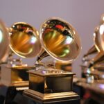LAS VEGAS, NEVADA - APRIL 03: Grammy trophies sit in the press room during the 64th Annual GRAMMY Awards at MGM Grand Garden Arena on April 03, 2022 in Las Vegas, Nevada. (Photo by David Becker/Getty Images for The Recording Academy)