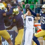 Notre Dame Fighting Irish safety Jalen Stroman (7) comemora gol em uma interceptação com Notre Dame Fighting Irish safety Adon Shuler (8) contra o Syracuse Orange durante o primeiro tempo no Notre Dame Stadium