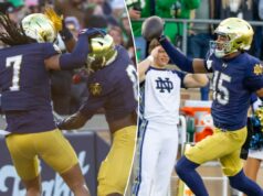 Notre Dame marca três vezes no início do jogo contra Syracuse – sem ataque tocando o campo Notre Dame Fighting Irish safety Jalen Stroman (7) comemora gol em uma interceptação com Notre Dame Fighting Irish safety Adon Shuler (8) contra o Syracuse Orange durante o primeiro tempo no Notre Dame Stadium