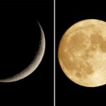 Uma lua cheia laranja contra um fundo preto.