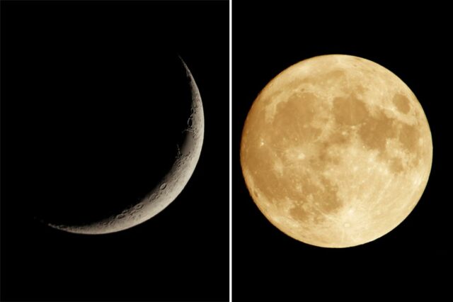 Uma lua cheia laranja contra um fundo preto.