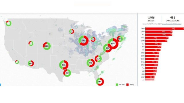 A map showing the number of flight delays at different airports at 4 a.m. Eastern time (ET) on November 9.