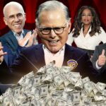 Ilustração de David Zaslav com uma pilha de dinheiro, cercado por Steven Spielberg, Jeffrey Katzenberg, Oprah Winfrey e John C. Malone.