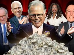 O CEO da Warner Bros. Discovery, David Zaslav, adora a ‘energia’ entre os licitantes por seu império de mídia Ilustração de David Zaslav com uma pilha de dinheiro, cercado por Steven Spielberg, Jeffrey Katzenberg, Oprah Winfrey e John C. Malone.