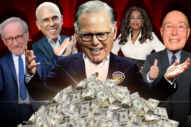 O CEO da Warner Bros. Discovery, David Zaslav, adora a Ilustração de David Zaslav com uma pilha de dinheiro, cercado por Steven Spielberg, Jeffrey Katzenberg, Oprah Winfrey e John C. Malone.