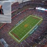 O Força Aérea Um sobrevoa o Northwest Stadium enquanto Trump se prepara para assistir ao jogo Commanders-Lions