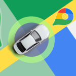 Tela do painel do carro mostrando a interface do Android Auto com vários ícones de aplicativos e um mapa de navegação, sobreposto por um grande logotipo do Android Auto.