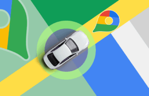 O Google Maps ganha avanços com orientação de pista ao vivo com tecnologia de IA Tela do painel do carro mostrando a interface do Android Auto com vários ícones de aplicativos e um mapa de navegação, sobreposto por um grande logotipo do Android Auto.