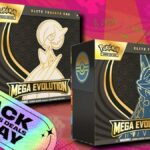 Principais cartas de Mega Evolution em um fundo rosa estampado