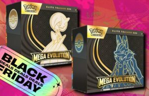 O Pokémon TCG Mega Evolutions ETB ainda está em valor de mercado no Dia de Ação de Graças Principais cartas de Mega Evolution em um fundo rosa estampado