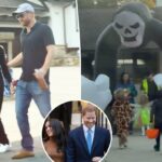 O Príncipe Harry e Meghan Markle levam as crianças Príncipe Archie, 6, e Princesa Lilibet, 4, para pedir doces ou travessuras em um raro passeio em família