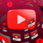 Logotipo do YouTube cercado por ícones flutuantes de reprodução automática pausada e uma barra de progresso do vídeo, com símbolos do YouTube desfocados no fundo.