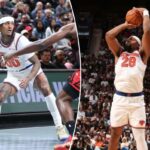 Guerschon Yabusele #28 do New York Knicks arremessa uma cesta de três pontos durante o jogo contra o Miami Heat em 26 de outubro de 2025 no Kaseya Center em Miami, Flórida.