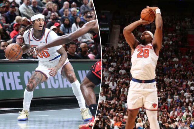 Guerschon Yabusele #28 do New York Knicks arremessa uma cesta de três pontos durante o jogo contra o Miami Heat em 26 de outubro de 2025 no Kaseya Center em Miami, Flórida.