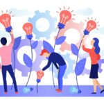 Image of a group of people collecting the fruits of plants in the form of a light bulb idea with gears in the background. 