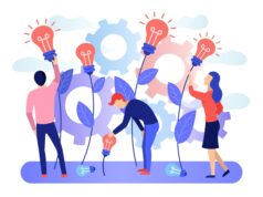 O cofundador da Databricks argumenta que os EUA devem adotar o código aberto para vencer a China em IA Image of a group of people collecting the fruits of plants in the form of a light bulb idea with gears in the background.