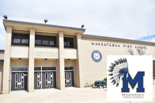 O distrito escolar de Long Island ignorou os avisos sobre Entrada e fachada do Colégio Massapequa.