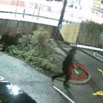 Arrepiante: O homem vestido de preto segurando uma faca se afasta do trem após causar carnificina. Fontes confirmaram que o suspeito tinha histórico de problemas de saúde mental e era conhecido das autoridades anteriormente