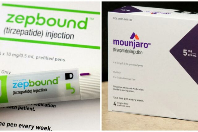 Três caixas de injeção de Mounjaro (tirzepatida) da Eli Lilly, frascos de 2,5 mg / 0,5 ml.