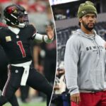 O quarterback do Arizona Cardinals, Kyler Murray, entra em campo durante o aquecimento antes de um jogo de futebol americano da NFL contra o Dallas Cowboys na segunda-feira, 3 de novembro de 2025.