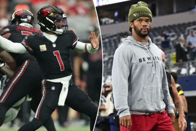 O quarterback do Arizona Cardinals, Kyler Murray, entra em campo durante o aquecimento antes de um jogo de futebol americano da NFL contra o Dallas Cowboys na segunda-feira, 3 de novembro de 2025.