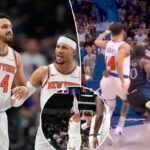 o guarda Landry Shamet (44) é parabenizado pelo companheiro de equipe Josh Hart (3) depois que Shemet marcou três pontos no segundo tempo de um jogo de basquete da NBA contra o Dallas Mavericks na quarta-feira, 19 de novembro de 2025, em Dallas.