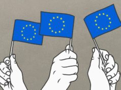O mercado europeu de startups está pronto para ser o centro das atenções Hands waving small European Union flags