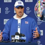 O técnico interino do New York Giants, Mike Kafka, falando à mídia antes do treino no centro de treinamento do New York Giants em East Rutherford, Nova Jersey.