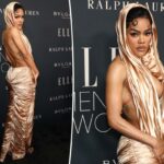O ousado vestido Elle Women in Hollywood de Teyana Taylor é basicamente um capuz preso a uma saia