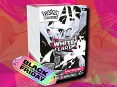 O pacote Pokémon TCG White Flare Booster atingiu o valor de mercado na Amazon Victini – 171/086, Zekrom ex – 172/086 e Reshiram ex – 173/086 em fundo laranja estampado