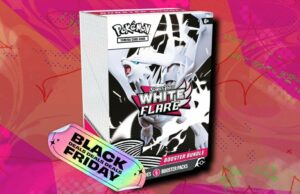 O pacote Pokémon TCG White Flare Booster atingiu o valor de mercado na Amazon Victini – 171/086, Zekrom ex – 172/086 e Reshiram ex – 173/086 em fundo laranja estampado