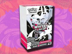 O pacote Pokémon TCG White Flare Booster está finalmente com valor de mercado na Amazon Victini – 171/086, Zekrom ex – 172/086 e Reshiram ex – 173/086 em fundo laranja estampado