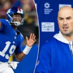 O quarterback do New York Giants, Jameis Winston (19), arremessa durante o primeiro tempo contra o New England Patriots no MetLife Stadium, quinta-feira, 21 de agosto de 2025, em East Rutherford, Nova Jersey.