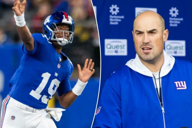 O ponto de partida de Mike Kafka vem com muitas O quarterback do New York Giants, Jameis Winston (19), arremessa durante o primeiro tempo contra o New England Patriots no MetLife Stadium, quinta-feira, 21 de agosto de 2025, em East Rutherford, Nova Jersey.