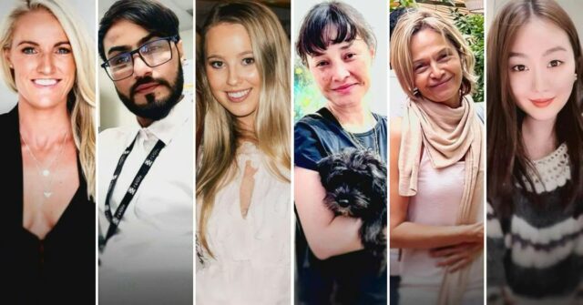 A partir da esquerda: Ashlee Good, 38, Faraz Tahir, 30, Dawn Singleton, 25, Jade Young, 47, Pikria Darchia, 55, e Yixuan Cheng, 27.