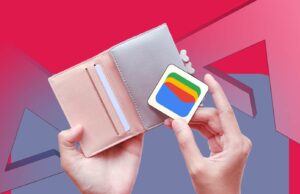 O que a Google Wallet erra nos gastos diários Uma mão segurando o logotipo da Carteira virtual do Google contra um fundo colorido com listras azuis, vermelhas, amarelas e verdes exclusivas do Google