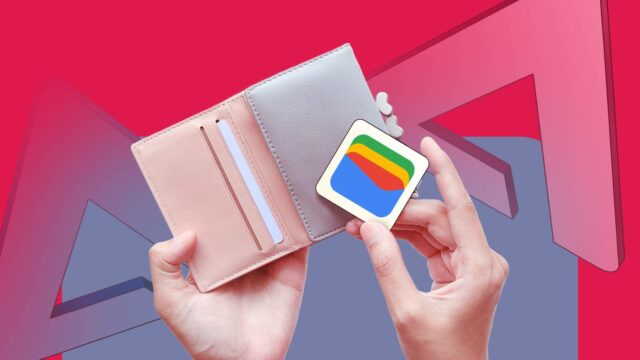 O que a Google Wallet erra nos gastos diários Uma mão segurando o logotipo da Carteira virtual do Google contra um fundo colorido com listras azuis, vermelhas, amarelas e verdes exclusivas do Google